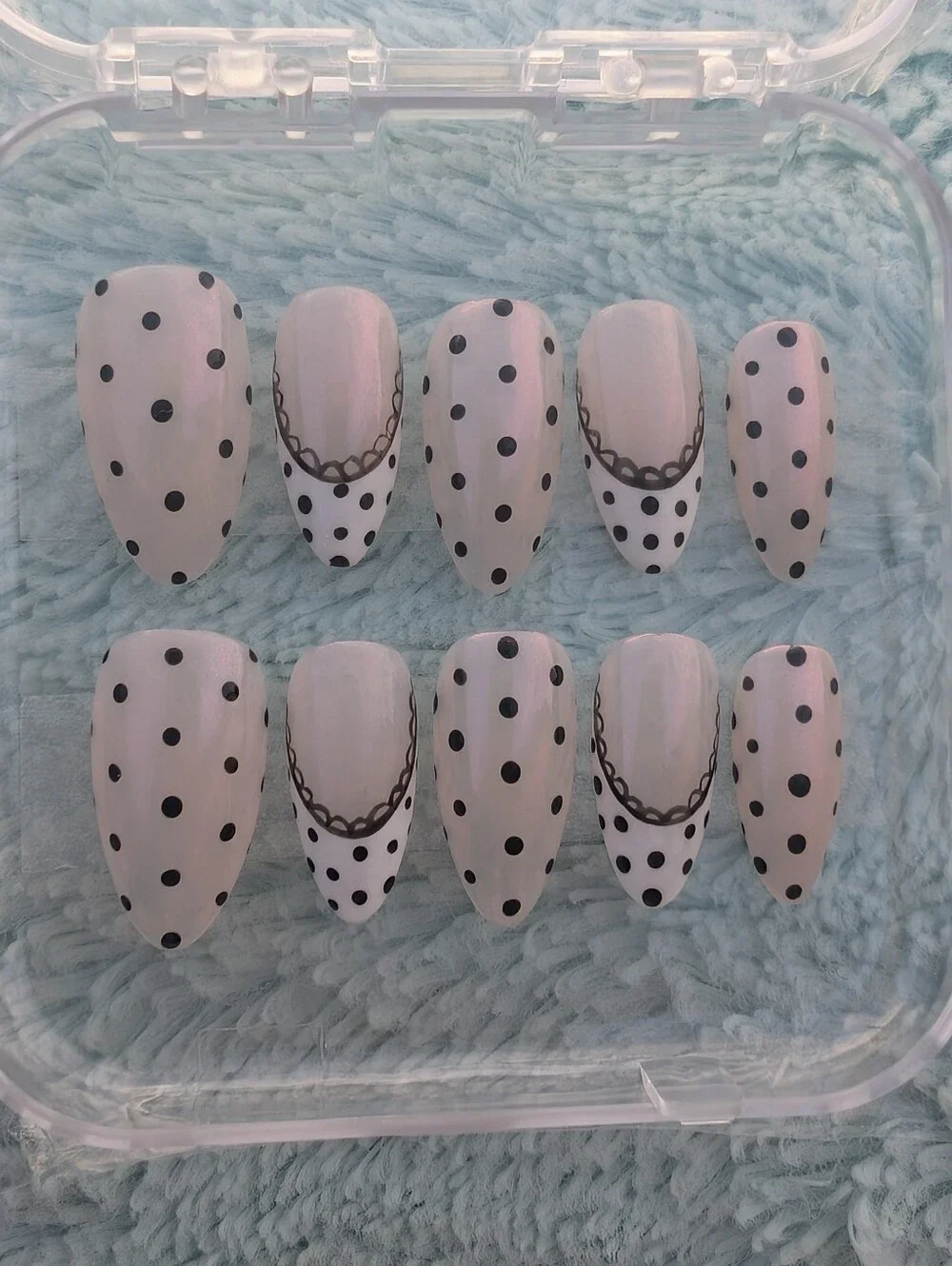 Polka Dot Almond Press-On Nails in Pearl And White
